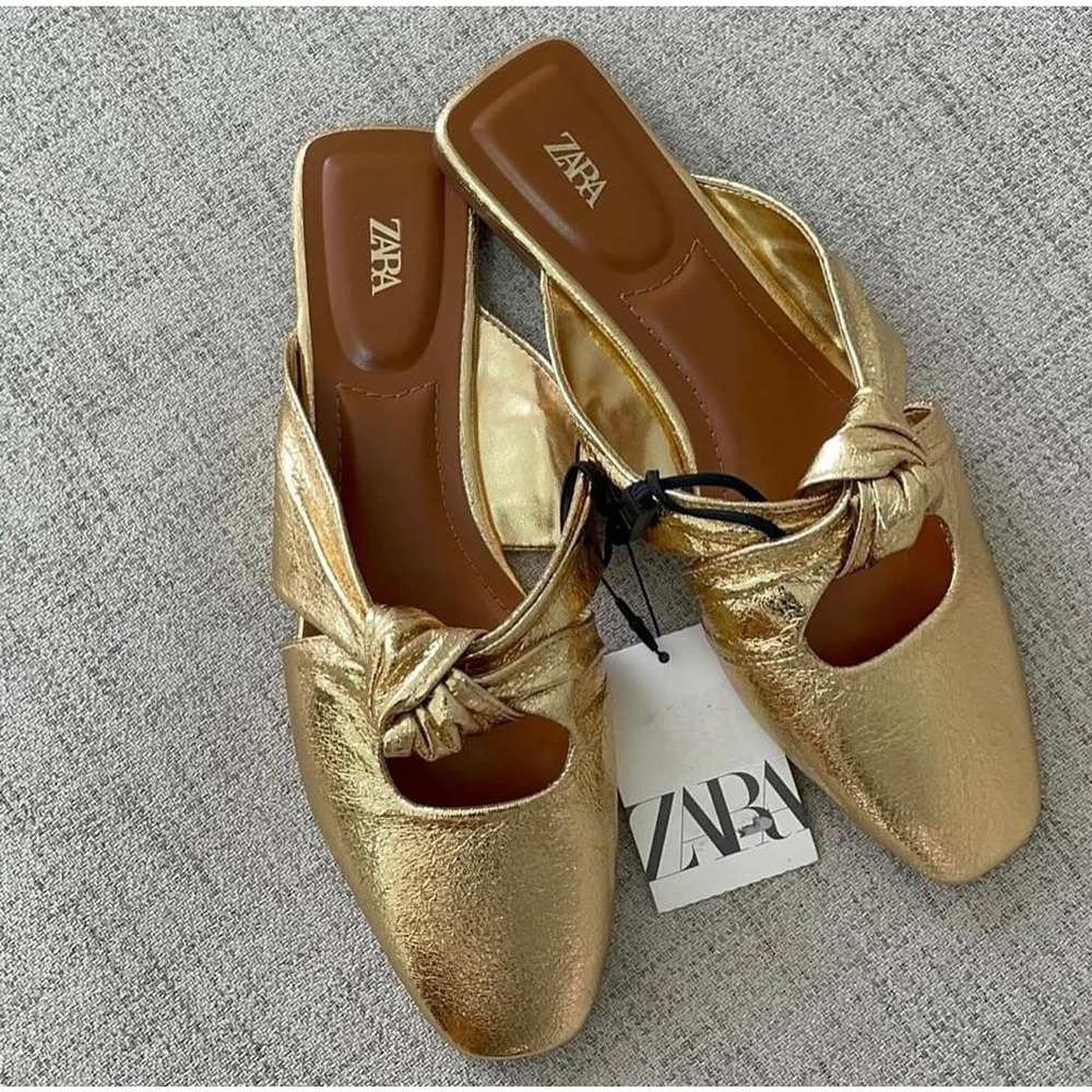 Zara NWT Gold Metallic Knot Square Toe Mules 7.5 8 - Picture 7 of 16
